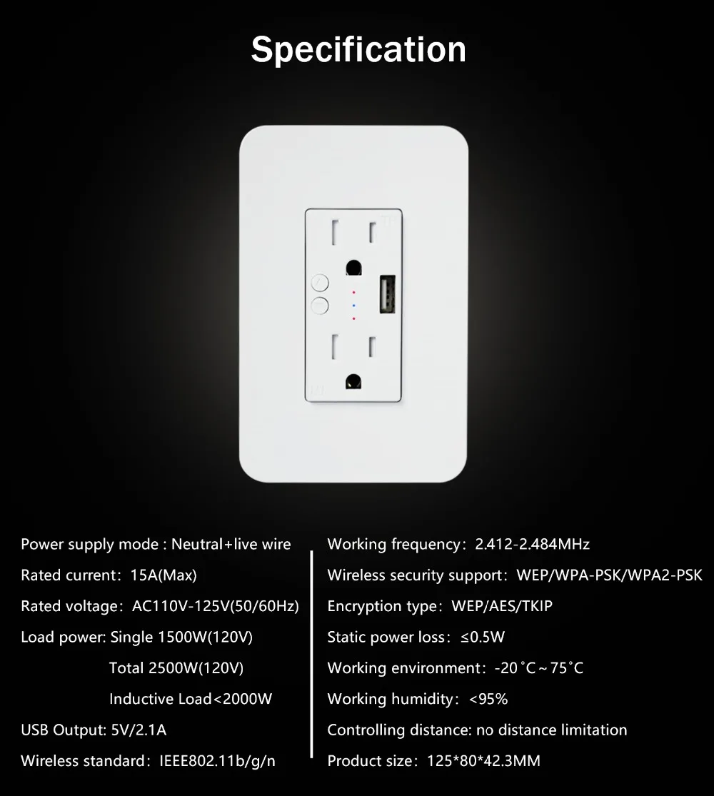 Настенная розетка Zemismart Tuya US 15 а с USB портом|Модули для умного дома| |