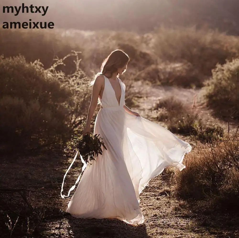 

Deep-v-neck Bride Dress Sexy Simple Cheap Wedding Dress 2020 Custom Made Elegant Cheap Beach Bridal Gown Casamento Beach
