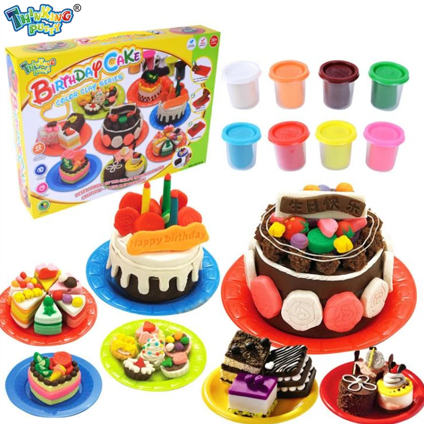 

Children DIY Nontoxic Fimo Playdough Simulation Birthday Cake Model Clay Kit Mold Set Kids Pretend Play Intelligence Toys Tools