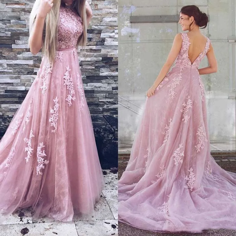 

Long Prom Dresses Appliques Lace Sleeveless A-Line/Princess Scoop Neck Court Train Tulle Lace Prom Dresses With Beading Evening