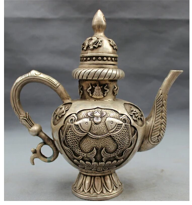 

Медь Латунь КИТАЙСКИЙ ремесла декор Азии 9 "Серебряный budismo чино auspicioso Smybol 2 Голова Рыбы estatua Вино Pot tetera