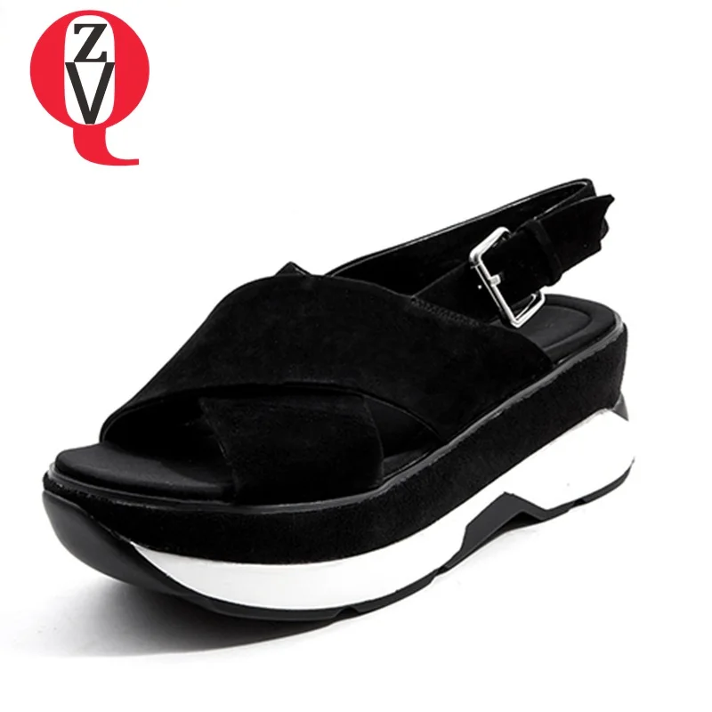 

ZVQ women shoes new genuine leather high wedges buckle strap cross-tied solid concise casual large size women sandals