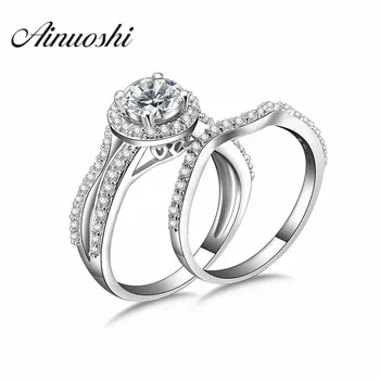 

AINOUSHI 925 Sterling Silver 4 Prongs Halo Women Wedding Bridal Ring Sets 1 Carat Sona Round Cut Engagement Silver Ring Sets