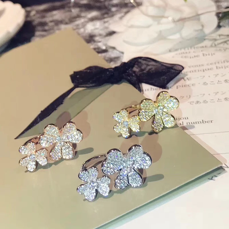 

New Brand Pure 925 Sterling Silver Jewelry For Women Double Flower Rings Gold Color Flower Rings Hot Party Jewelry Wedding Rings