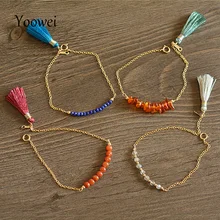 Yoowei Chic кисточкой Браслеты для Для женщин ручной работы крошечные натурального лазуритом янтарный камень агат Jewelry Женский DIY кисточкой ювелирные изделия