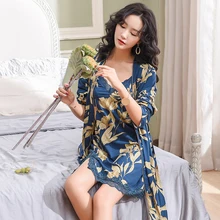 Для женщин халат и платье наборы для ухода за кожей пикантные кружево сна Lounge Pijama с длинным рукавом женская ночная рубашка халат v-образным вырезо