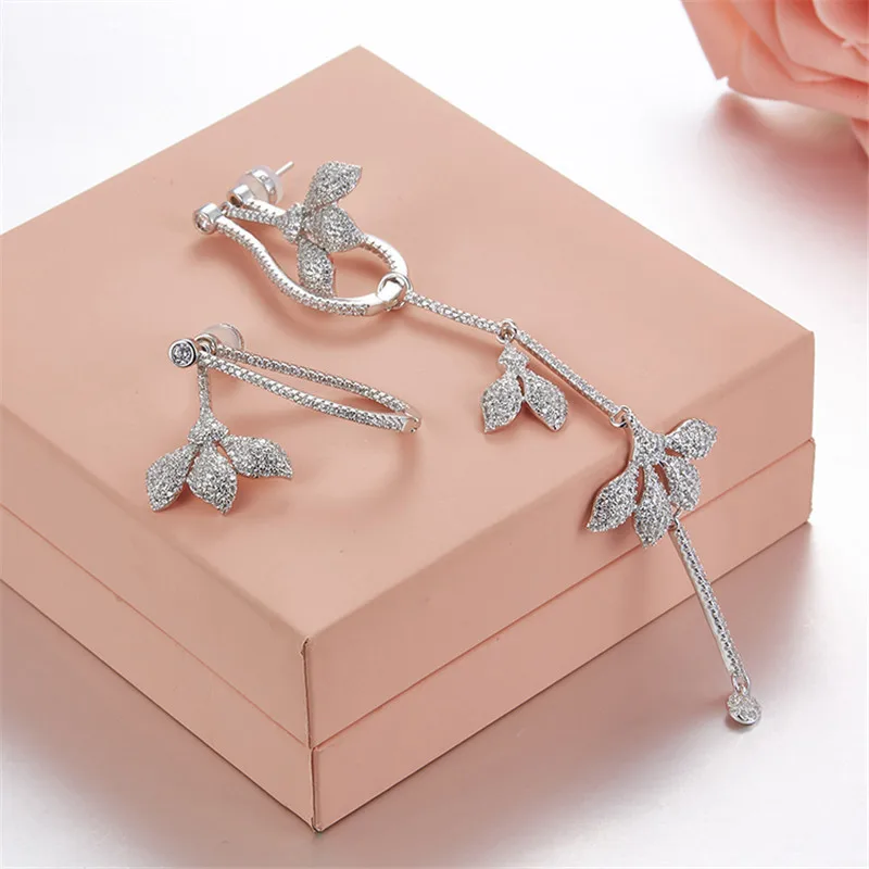 

Fits Monaco Jewelry with Charm Ladies Jewelry Lovers Party Gift Sterling Silver 925 Asymmetric Inlaid Zircon Flower Earrings