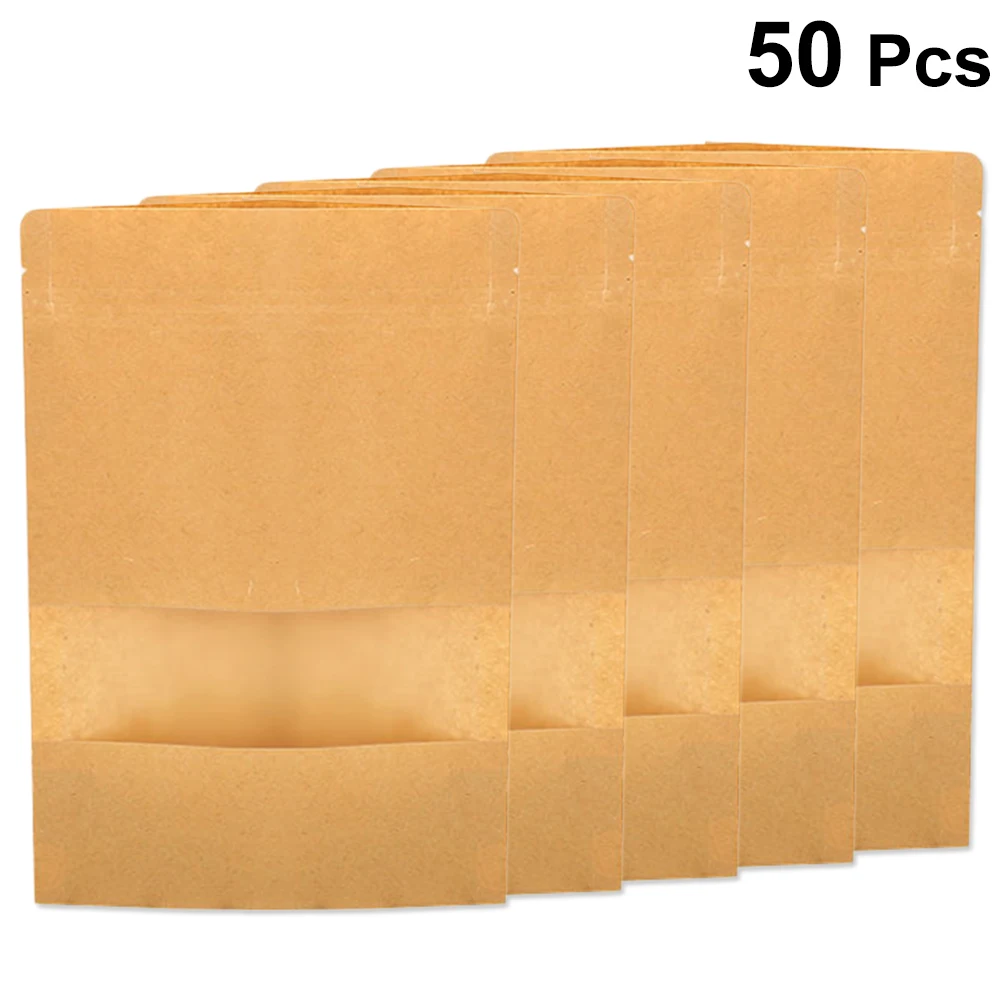 

50Pcs/Set Portable Kraft Paper Zip Lock Self Standing Bag Moisture-Proof Tea Sealed Bag Scrub Feeling Window Dried Fruit Pouch