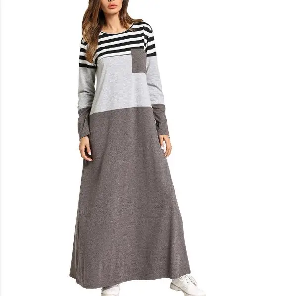 

Pocket Patch stripes Color block maxi dresses Female spring 2019 long sleeve T shirt dress Muslim women home wear dress RQ367