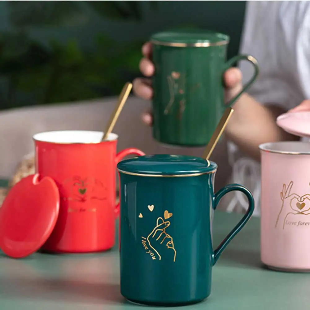 

Ceramic Mug Drinking Coffee Water Beverage Mug Cup with Lid Spoon European Creative Mug Couple Cup H99F