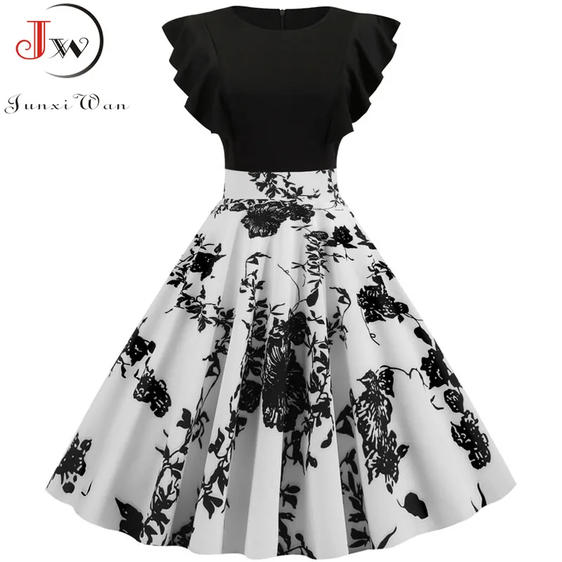 

Black White Patchwork Floral Print Summer Dress Women 2019 Petal Sleeve Dot Vintage Dress Robe Casual Rockabilly Party Vestidos