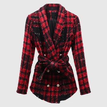 

Spot suit collar wool coat 2019 pop ladies coat belt waist tweed woven suit jacket fashion trend temperament waist design sexy