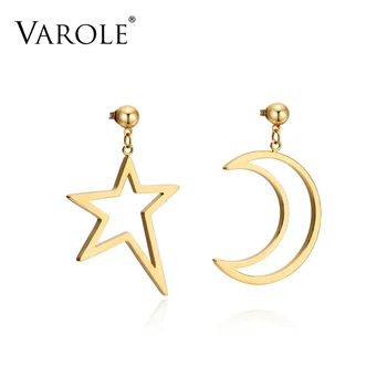 

VAROLE Stars and Moon Stainless Steel Long Drop Earrings for Women Gold Silver Color Earring Jewelry Boucle D'oreille Femme 2018