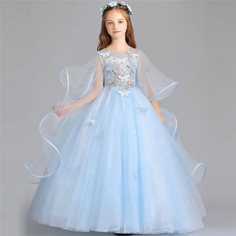 Летнее Элегантное Длинное фатиновое платье с цветами для девочек-подростков на день рождения Детская одежда детское платье для выпускного вечера, свадебное платье принцессы