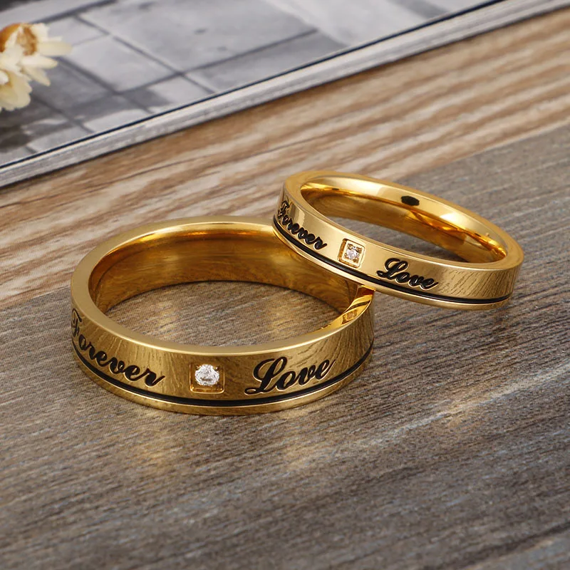 English Forever Love Wedding Rings Cubic Zirconia Couple Rings Black & Gold Color Stainless Steel Anniversary Alliance Jewelry