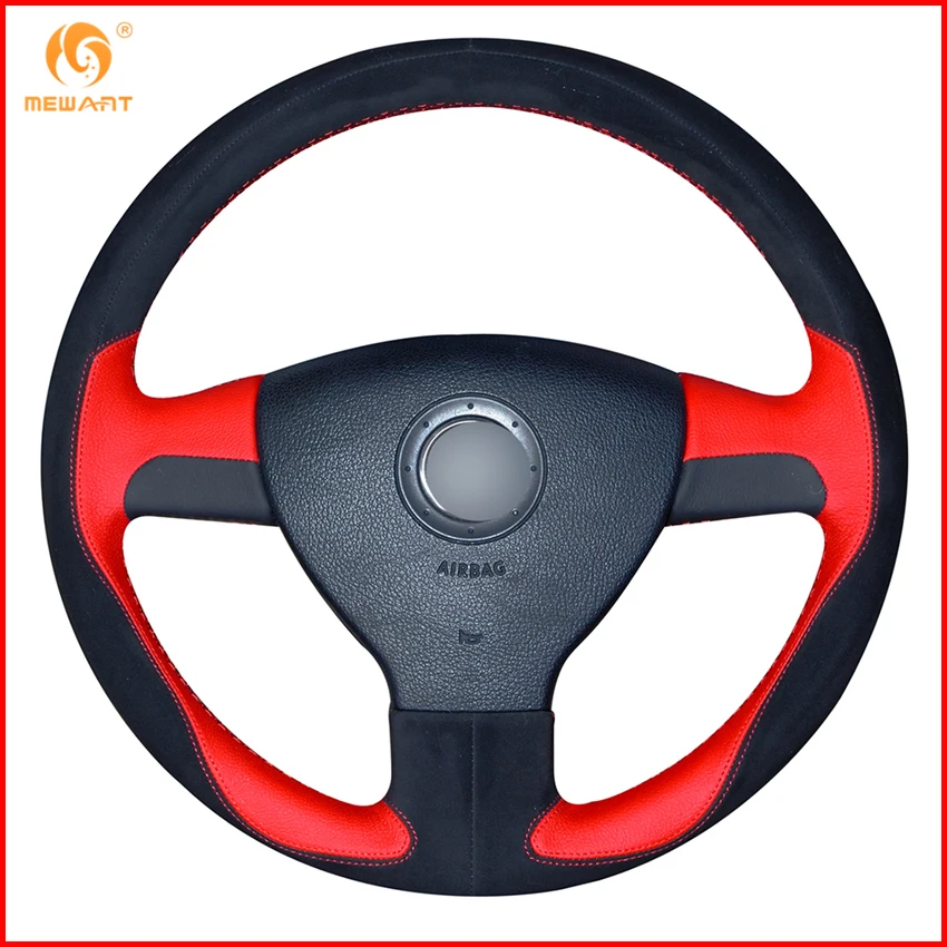 Mewant Red Leather Black Suede Car Steering Wheel Cover For Volkswagen