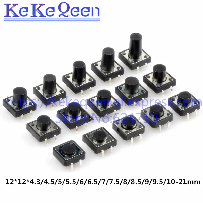 Small Micro Momentary Tactile Push Button Switch PCB 12x12x4.3mm to 12x12x20mm 