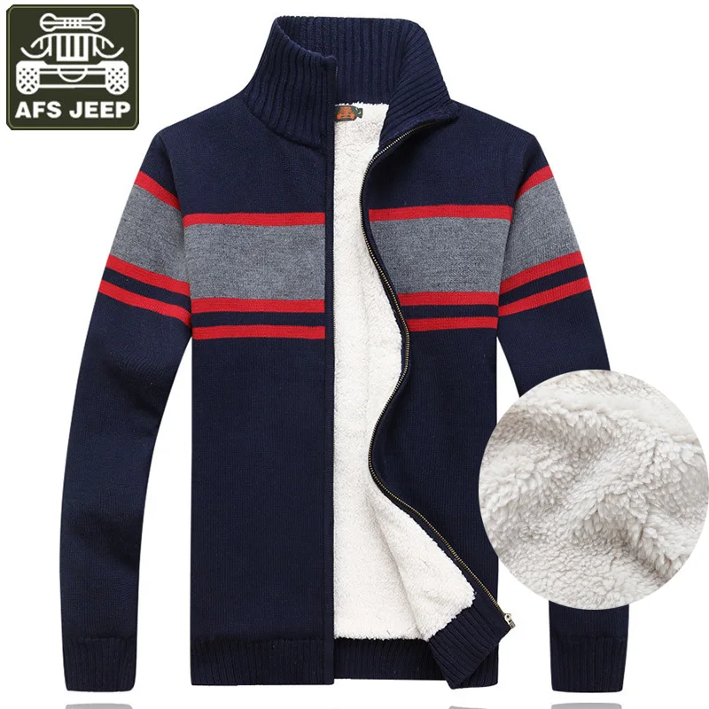 

AFS JEEP Men's Sweater Cardigan Male Winter Warm Sweater Fleece Patchwork Mandarin Collar Cardigan Men's Turtleneck Pull Homme