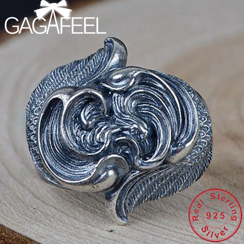 

GAGAFEEL Punk Style Men Ring 925 Sterling Silver Feather Rings for Male Boys Best Birthday Gift High Quality