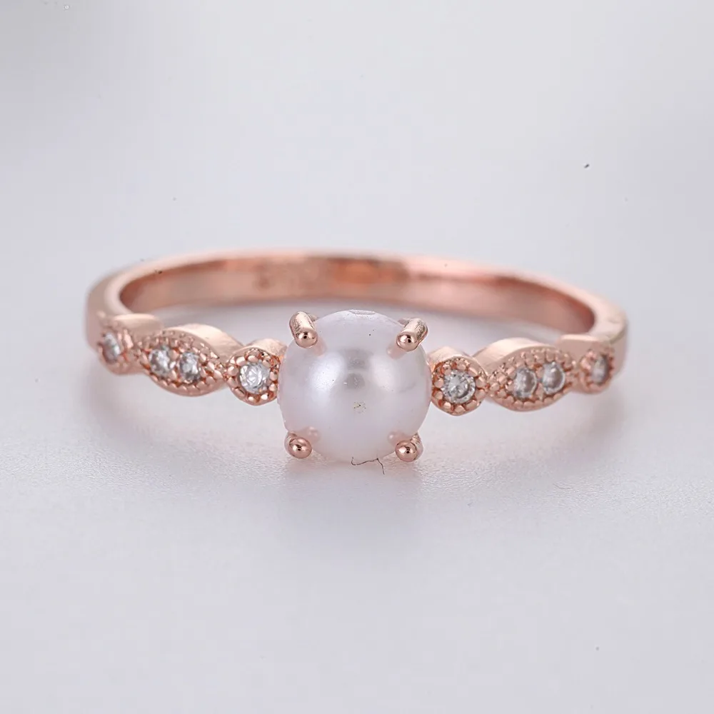 Vintage Rose Gold Pearl Rings for Women Wedding Engagement Ring Crystal ...