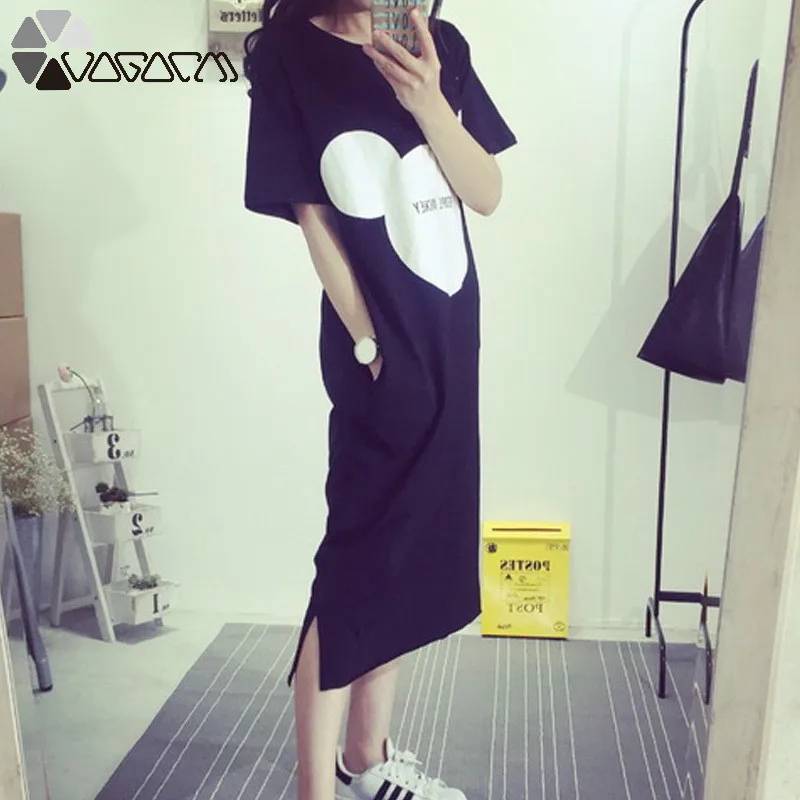 

2019 Summer Dress Women Shirtdress New Short Sleeve Mickey Print Tshirt Dress Streetwear Casual Vestidos M-XXL Plus Size Dresses