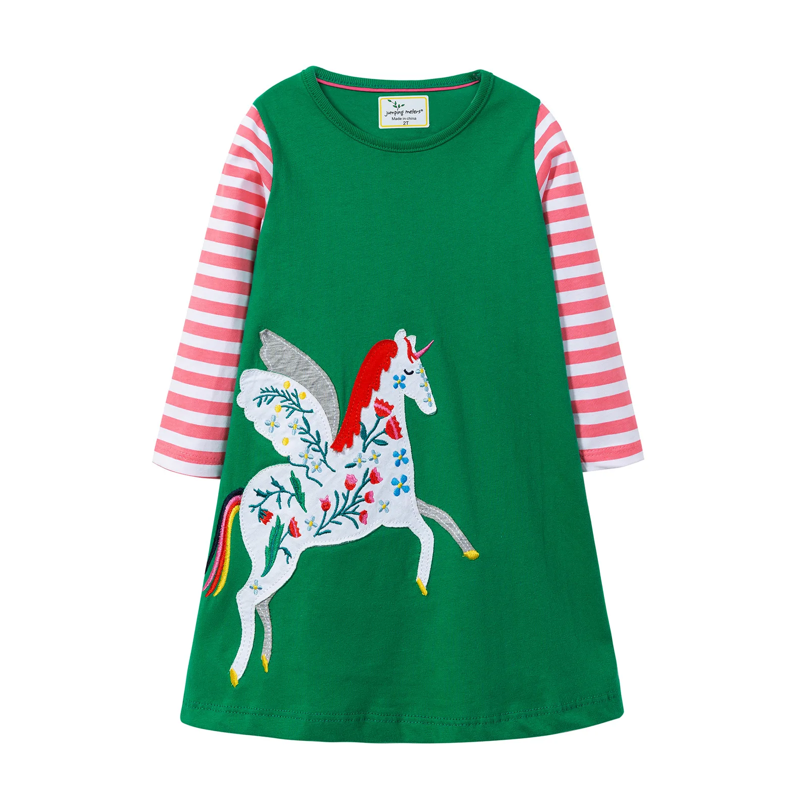 

Spring birthday dress for 2 Year girls New solid Cotton Unicorn Applique baby dress long sleeve princess dress vestido infantil
