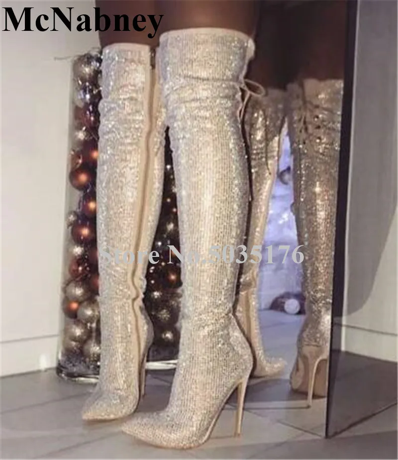 

European Fashion Bling Bling Pointed Toe Stiletto Heels Over Knee Boots Zip Cross-tied Slim Long Boots Spring/Autumn Women Shoes