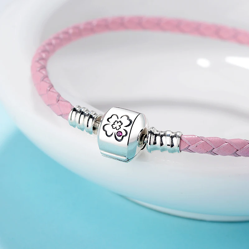 Strollgirl, 925 пробы, серебряный, розовый, красный кожаный плетеный браслет, цепочка в виде змеи с цветком, модные ювелирные изделия