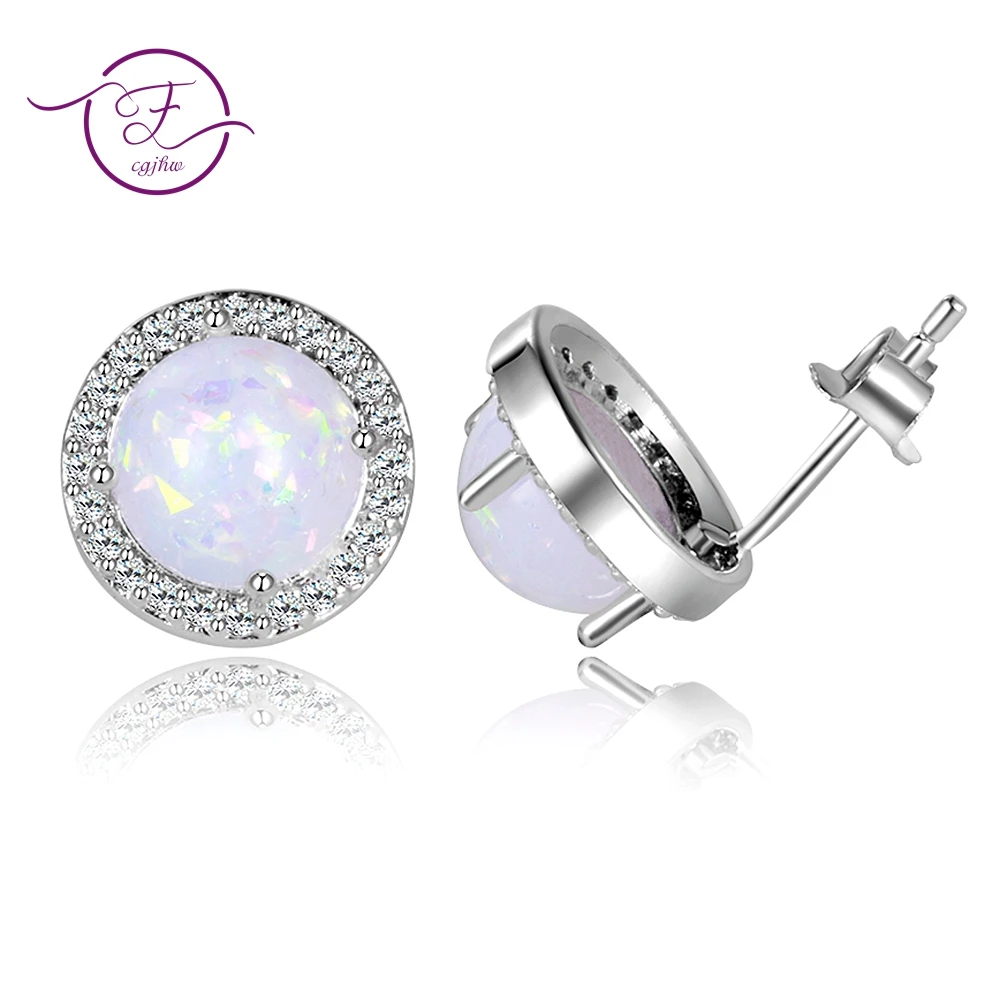 

Women's Opal Earrings Jewelry Earring 8MM Round Stud Earrings For Women Girl Solid 925 Sterling Silver Fine Jewelry With Zircon