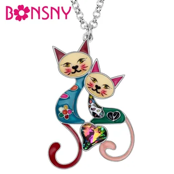 

Bonsny Enamel Alloy Rhinestone Crystal Double Cat Necklace Pendant Fashion Animal Pets Jewelry For Women Girls Best Friends Gift