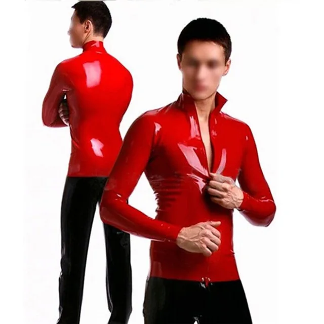 

Mens Latex Stretch Coat Red Rubber Mens Top Front Zipper Latex Tight Costumes Suit