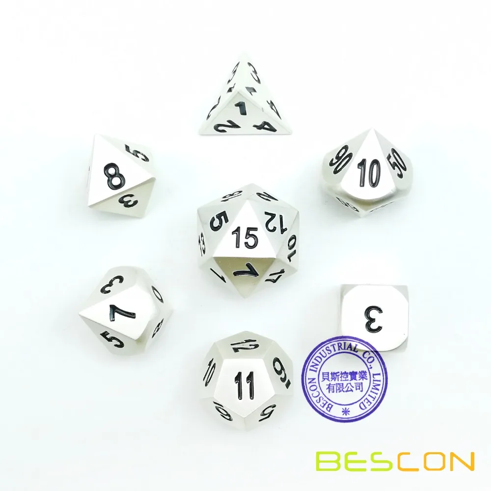 Bescon RPG Metal Dice Set of 7 Matt Pearl Silver Effect Solid Metal Polyhedral RPG Role Playing Game Dice 7pcs Set 2