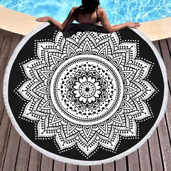 

Microfiber Terry Cloth Geometric Pattern Beach Towel Cotton Adult Yoga Mat Tassel Blanket Large Round Bath Towel 150 Cm Tapestry