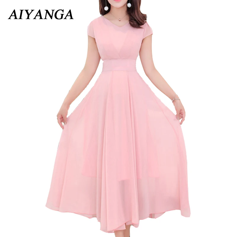 Платье женское шифоновое с коротким рукавом и высокой талией LongS 3XL 2018|dress summer|high