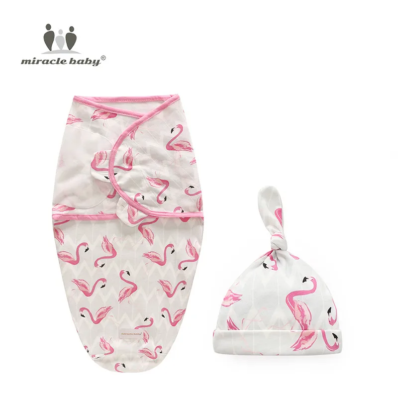 2 Pieces Set Newborn Swaddle Wrap+Hat Cotton Baby Receiving Blanket Bedding Cartoon Cute Infant Sleeping Bag For 0-6 Months - Color: Flamingo Set  L