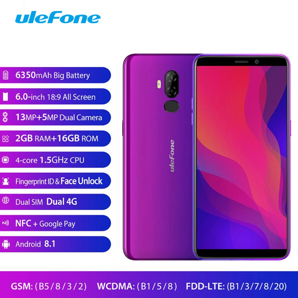 

Ulefone Power 3L Big Battery Cell Phone 6.0'' 16GB 2GB Android 8.1 6350mAh 4G Lte OTG NFC Face Unlock Fingerprint ID Smartphone