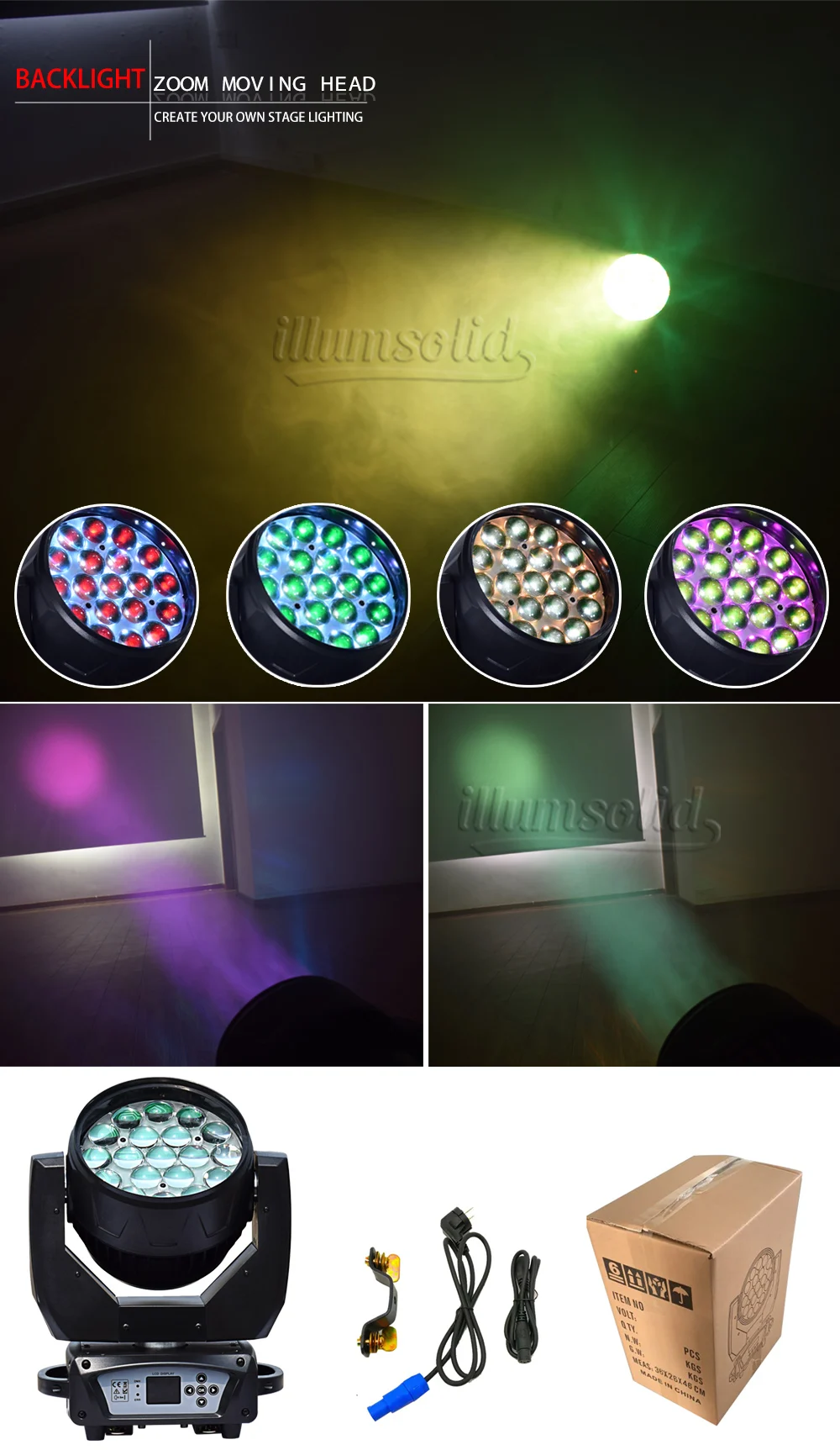 19x15 Вт RGBW 4N1 зум DMX512 светодиодная Двигающаяся головка, пригодна для мытья эффект профессиональное освещение 4 шт./лот