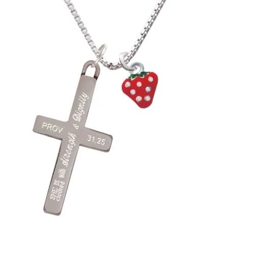 Mini Red Strawberry with Clear Crystals - Strength and Dignity - Cross Necklace (1)
