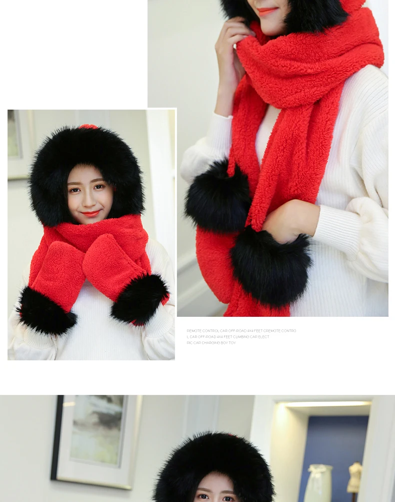 New Korean Version Of The Bib Hat Thick Warm Scarf Hat Gloves Three Pieces One Large Fur Collar Three-Piece Set For Women SN53 (7)
