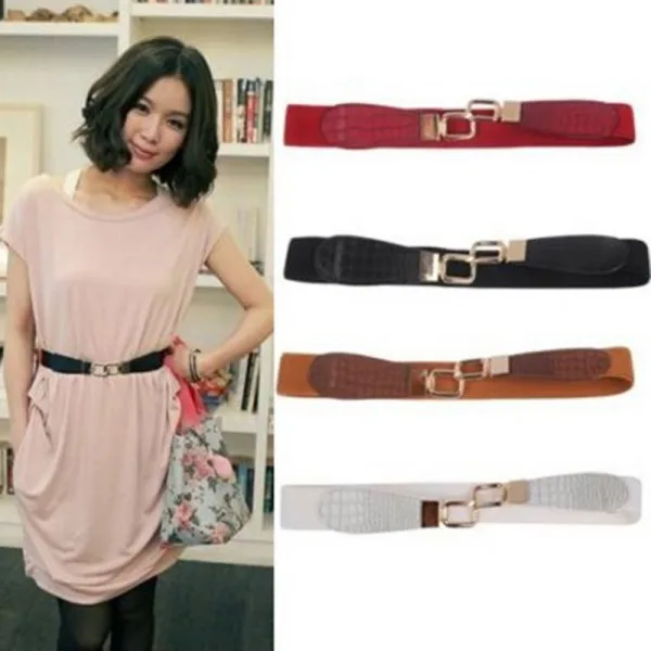 

Womens Metal Gold Buckle Elastic Stretch Waist PU Leather Fashion Belt Waistband