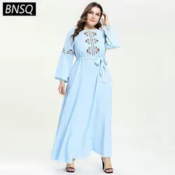 BNSQ макси платья осень 2019 короткое повседневное женское длинное платье светло-голубое цветочное вышивка с круглым вырезом с длинным