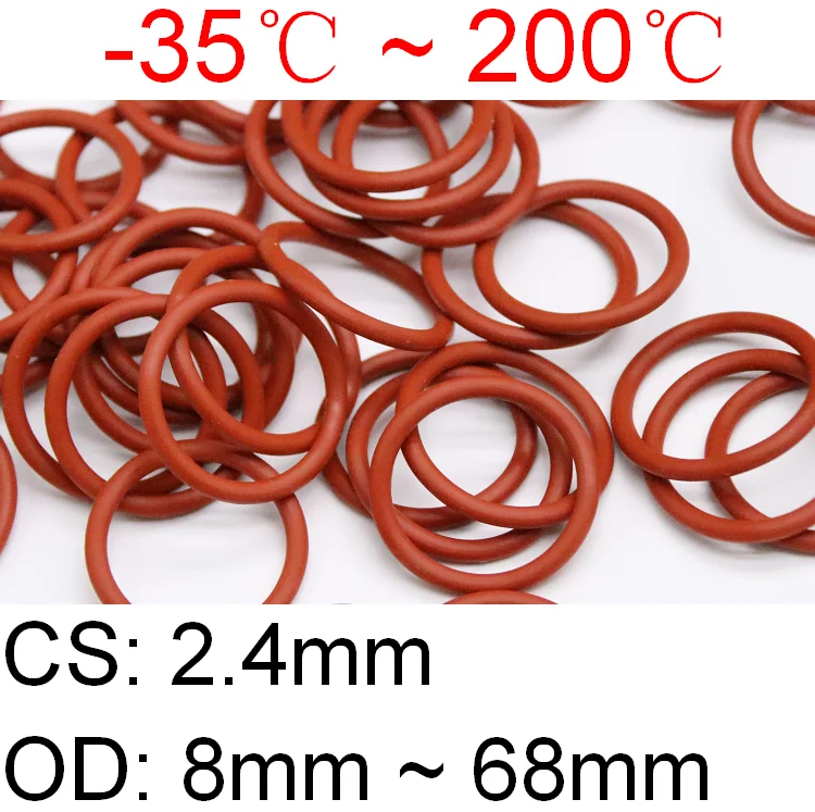 

10pcs VMQ O Ring Seal Gasket Thickness CS 2.4mm OD 8 ~ 68mm Silicone Rubber Insulated Waterproof Washer Round Shape Nontoxi Red