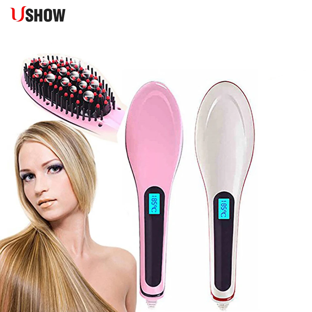 USHOW Professional Hair Straightener Brush Ceramic Hair Straightening Iron Electric Comb Hair