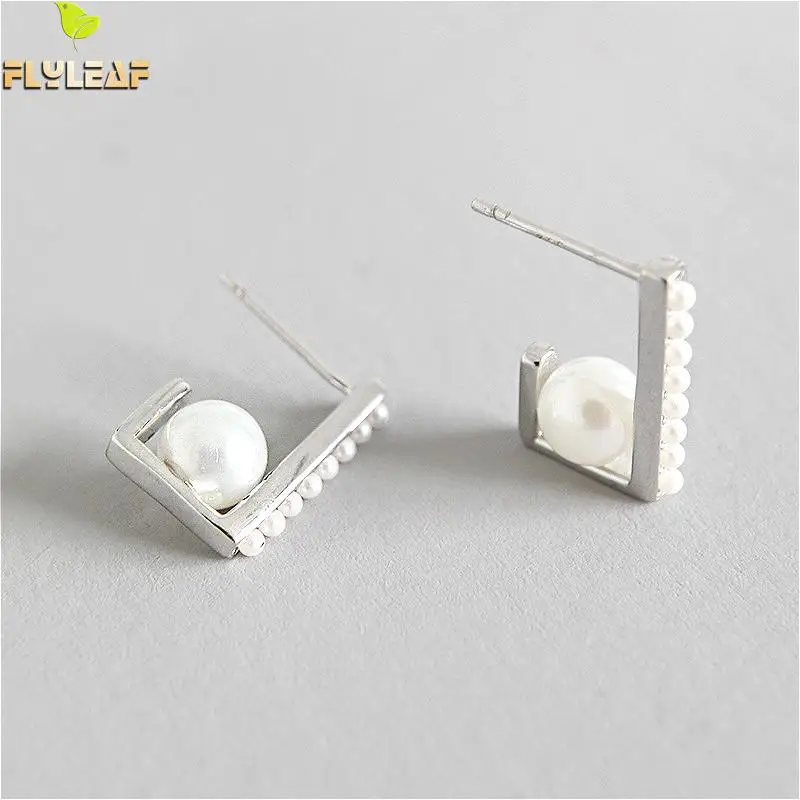 

Flyleaf 925 Sterling Silver Stud Earrings For Women Geometric Square Shell pearl femme Simple Earings Fashion Jewelry Party