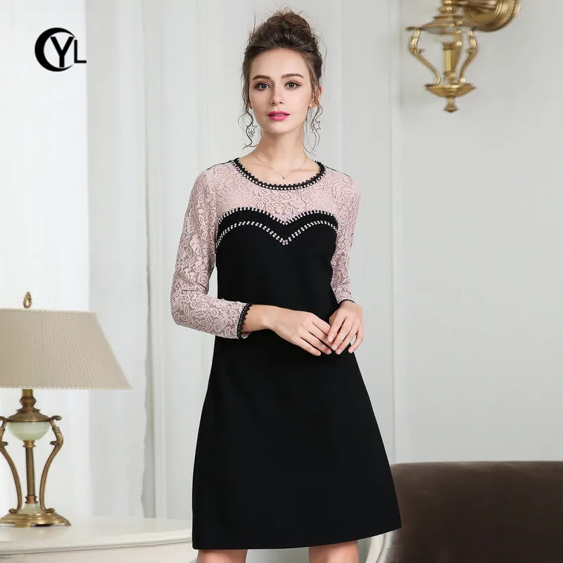 

OUYALIN L- 3XL 4XL 5XL Plus size long sleeve Dress 2018 Women Lace Patchwork Beading Elegant Office Ladies Party Autumn Dresses