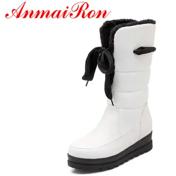 

ANMAIRON Warm Winter Snow Boots Shoes New Round Toe Mid-Calf PU Wedges Med platform girl Boots Big Size34-43 Black, white, red