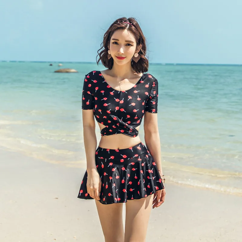 Short Sleeve Swimsuit Cherry Print Two Pieces Tankini Bandage Swimsuit