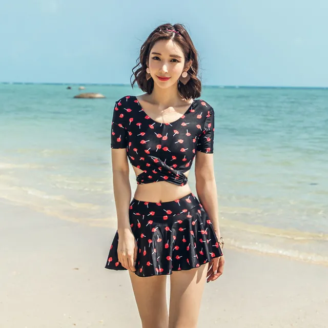 Short Sleeve Swimsuit Cherry Print Two Pieces Tankini Bandage Swimsuit