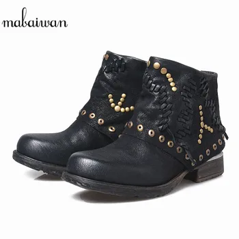 

Mabaiwan Black Genuine Leather Women Shoes Snow Ankle Boots For Women Motorcycle Military Boots Tassel Decor Shoes Rivets Flats
