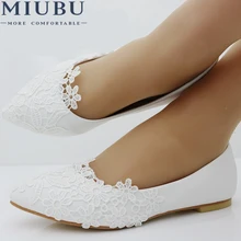 MIUBU-plates de Ballet en dentelle blanche, chaussures de mariage, plates et à bout pointu, chaussures de mariage pour femmes, taille 41, chaussures décontractées